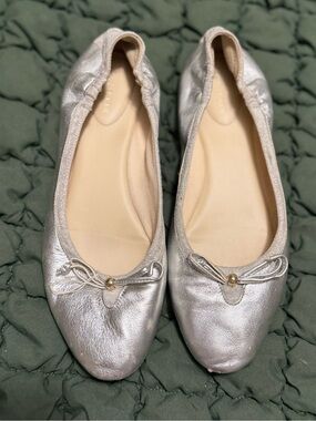 Cole Haan Metallic Silver Leather Ballet Flats with Bow Accent